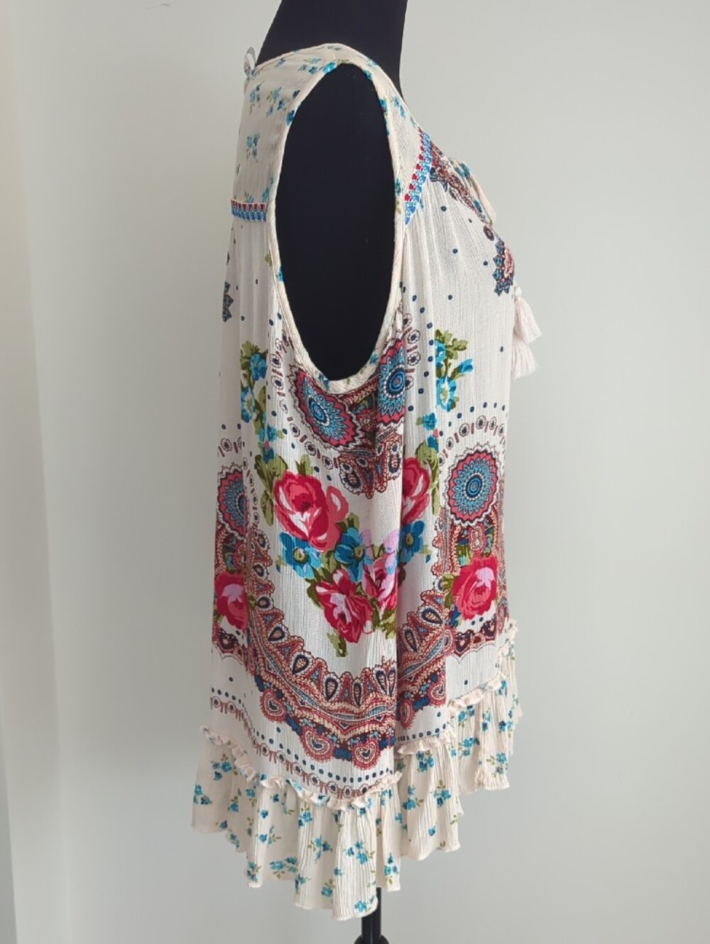 Bila Bohemian Crinkle Gauze Flowy Tassel Tank Top Floral Paisley Medallion XL - Picture 5 of 10